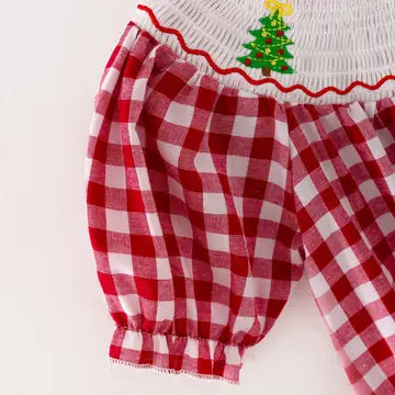 Christmas Tree Smocking Embroidered Baby Girls Romper