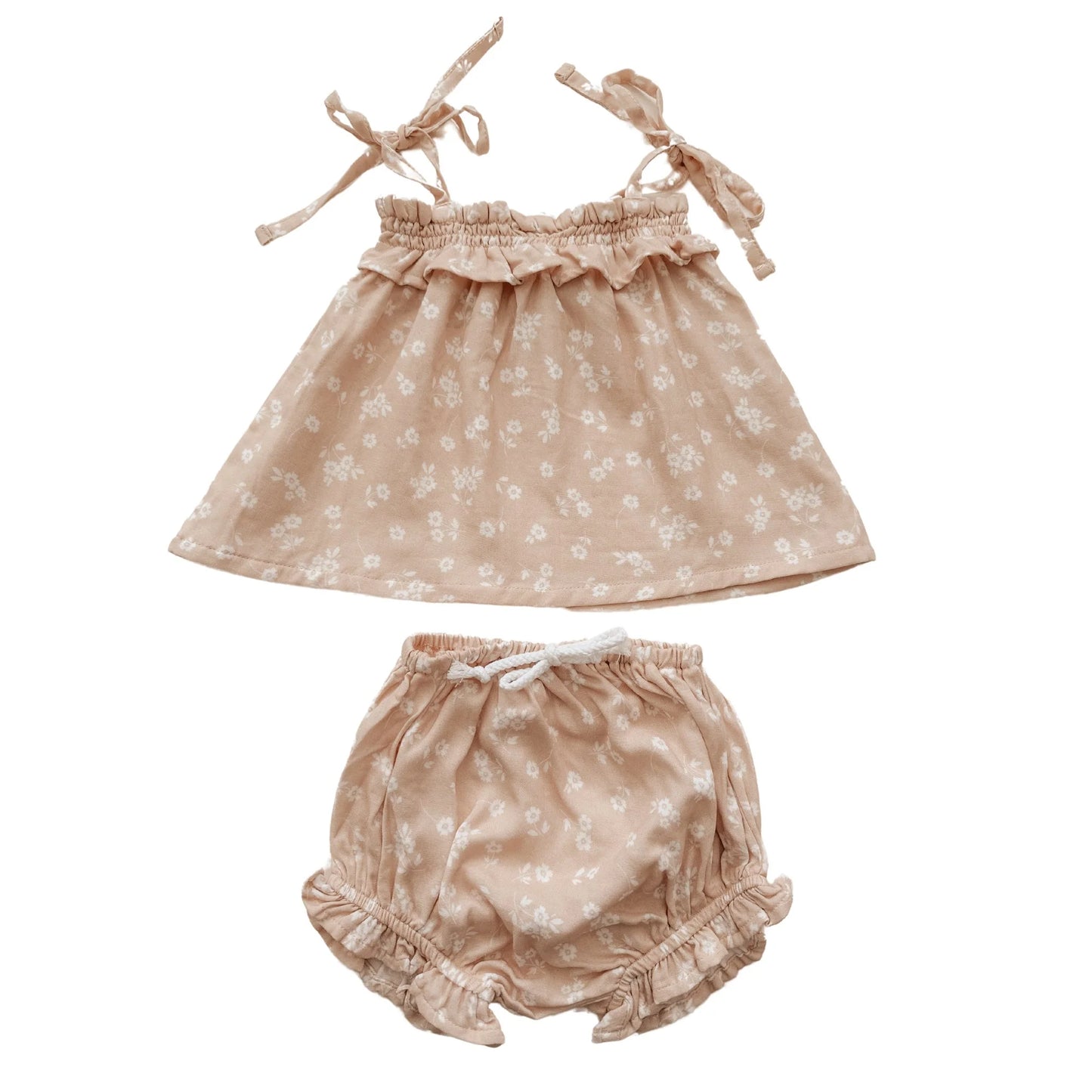 Bamboo Muslin Tie Dress - Cream Tan Floral (Presale)