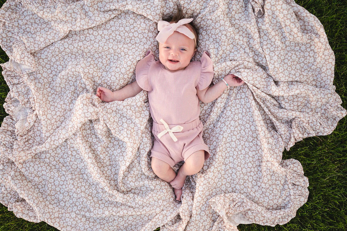 Muslin Swaddle Blanket - Mocha Ditsy Floral Ruffle (pre sale)