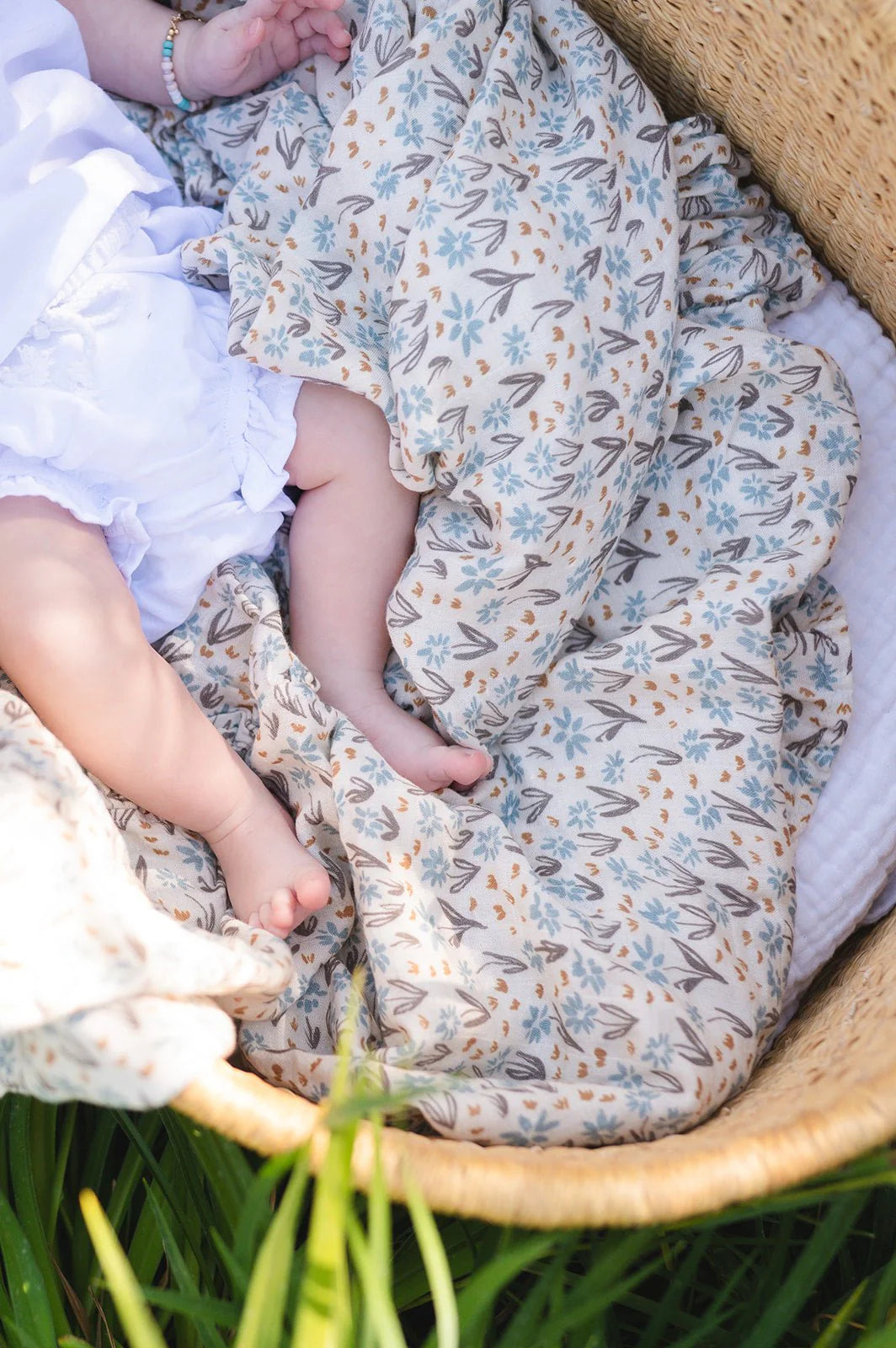 Muslin Swaddle Blanket - Arona Blue Floral Ruffle (Pre Sale)