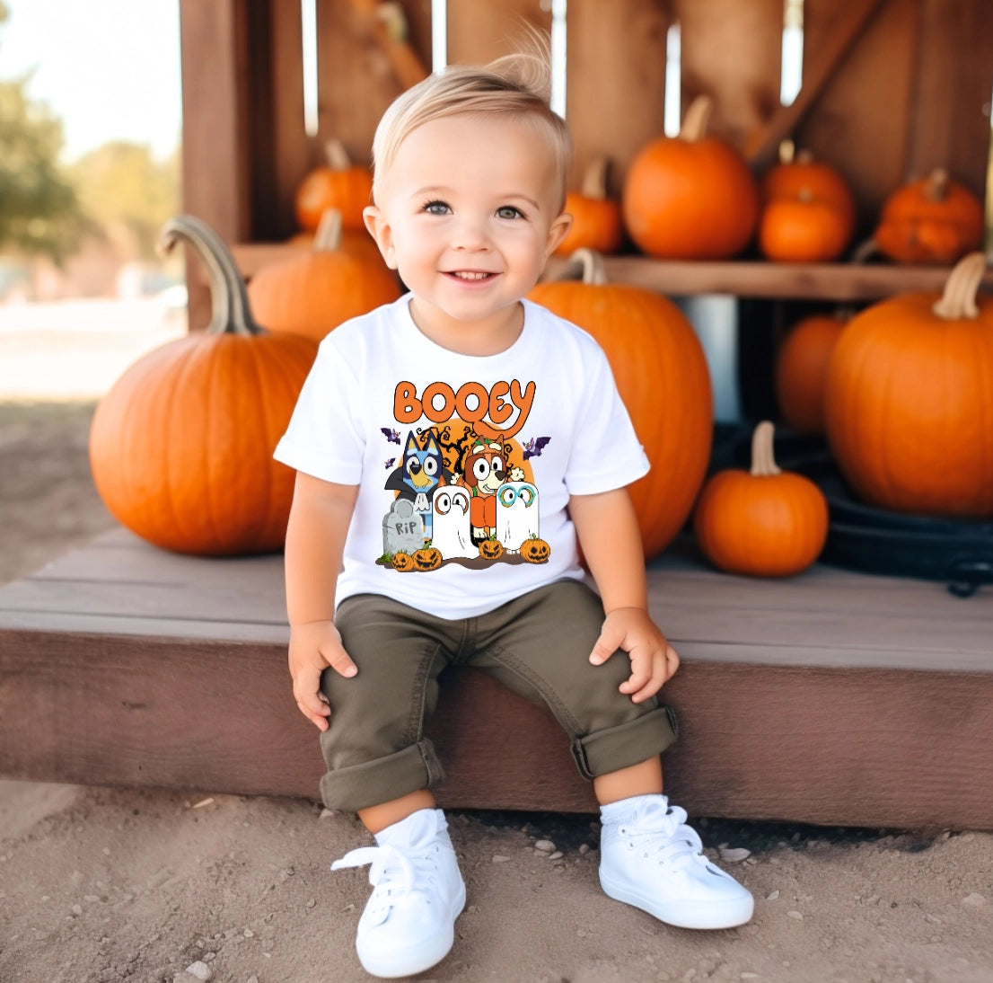 Booey Halloween Tee Shirt, Bluey Unisex Youth Ghost Long Sleeve Tee (PRESALE ORDER NOW)