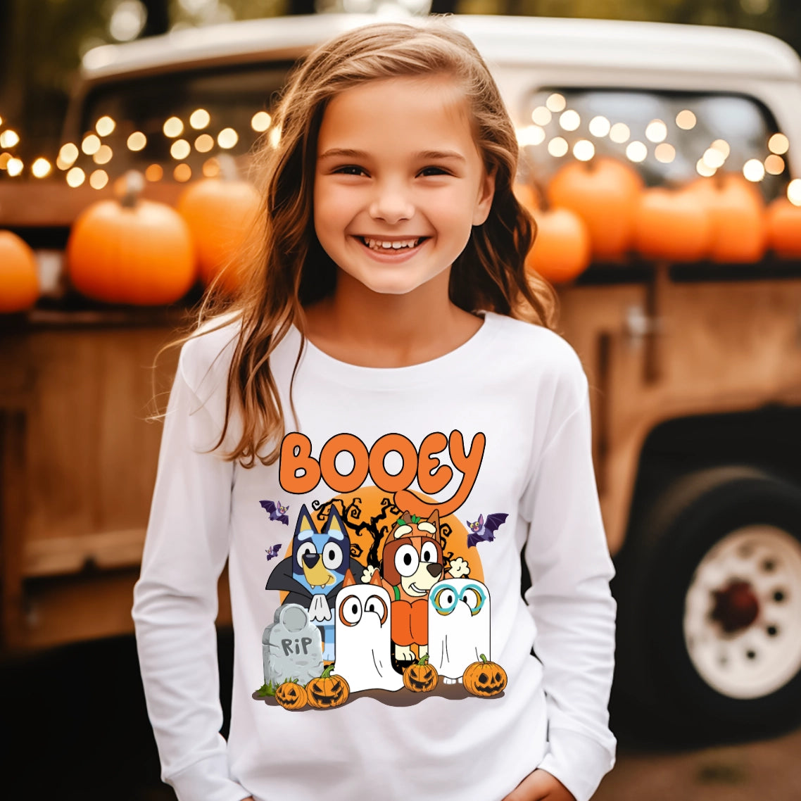 Booey Halloween Tee Shirt, Bluey Unisex Youth Ghost Long Sleeve Tee (PRESALE ORDER NOW)